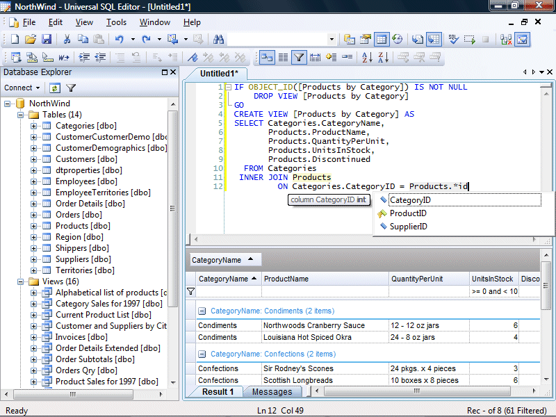 sql editor, sql intellisense, sql formatter, sql beautifier, query tool, query analyzer, oracle, DB2, sql server, sybase, odbc